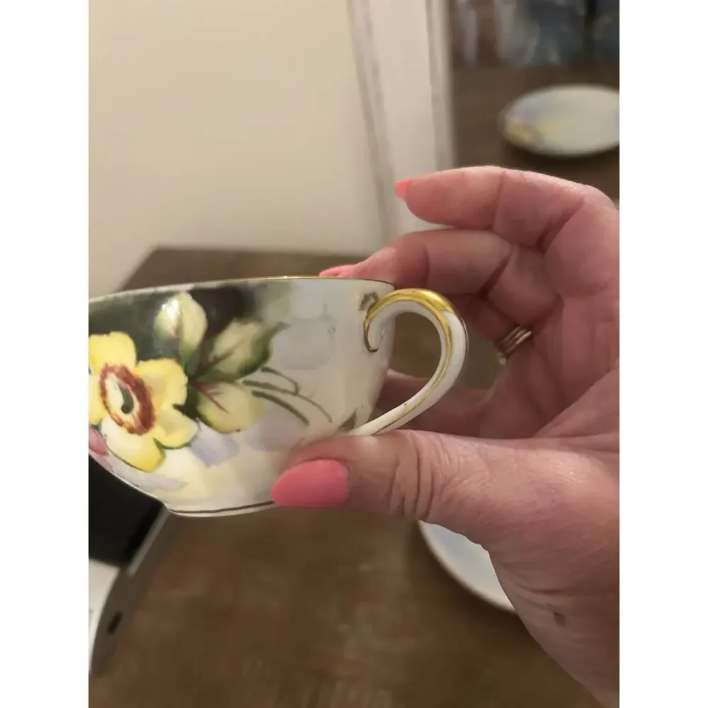 Antique Bayreuth Bone China Yellow Floral Handpainted Tea Cup & Saucer Gold Trim